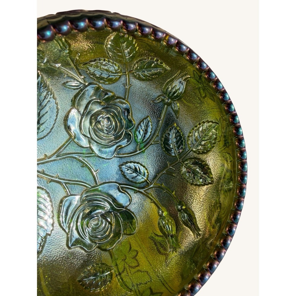 Vintage Imperial Glass Helios Green Carnival Glass Open Rose Bowl Iridescent - Picture 7 of 9